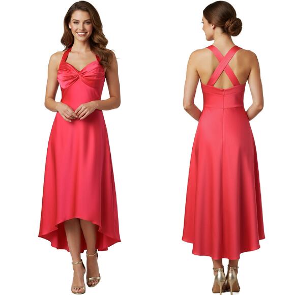 CALVIN KLEIN Red Satin Midi Cocktail Dress Sz 10 Sweetheart High Low X Back - Picture 1 of 9